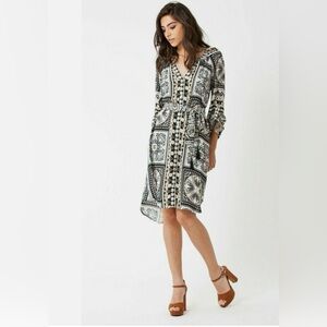 Hale Bob Mischa Black and White Paisley Button up Long Sleeve Dress with a belt